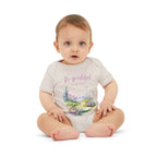 Baby onesie with "So grateful to be alive!" text and pastel nature design, made from soft 100% Airlume cotton