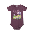 Baby onesie with "World is amazing" text and pastel nature design, made from soft 100% Airlume cotton, displayed flat with envelope neckline and snap closures.