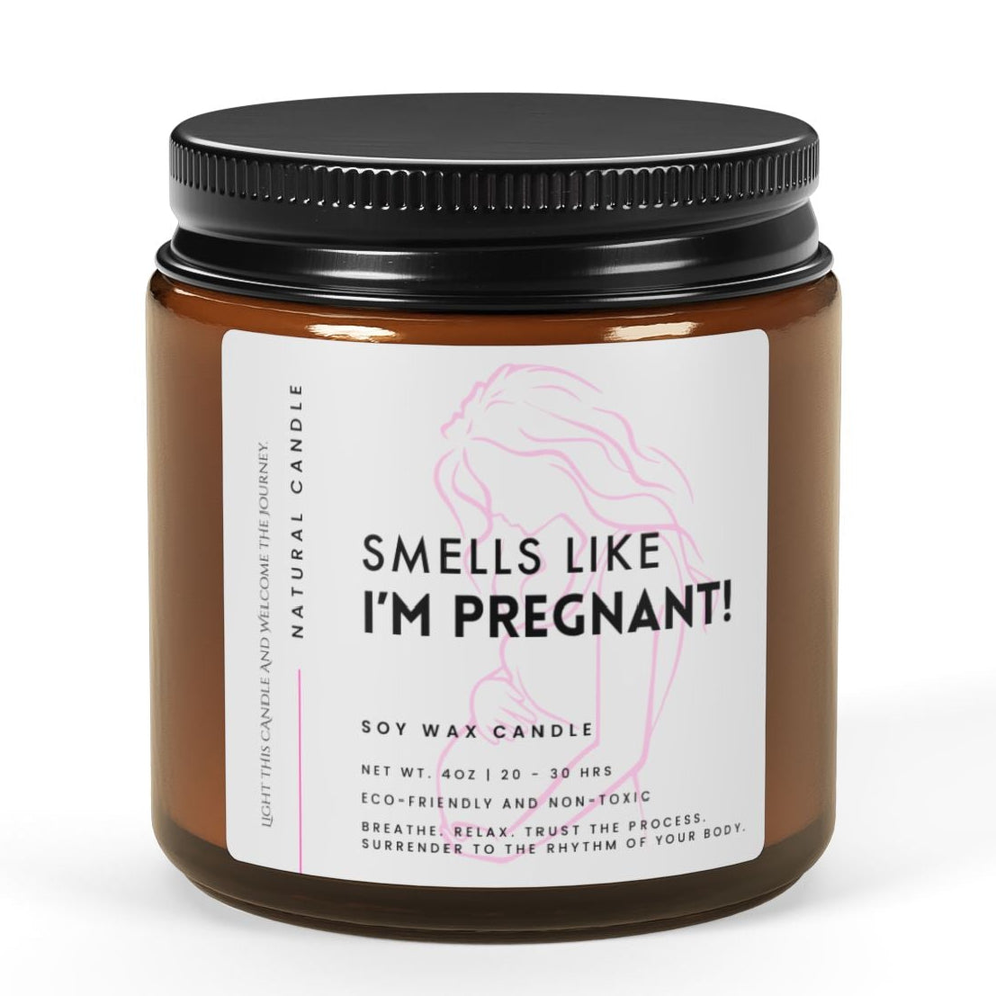 Candle jar for pregnancy with a label reading 'Smells like I'm pregnant!' on a white background