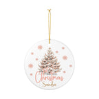 Round Christmas ornament with a tree design and 'Merry Christmas Sandra' text on a white background.