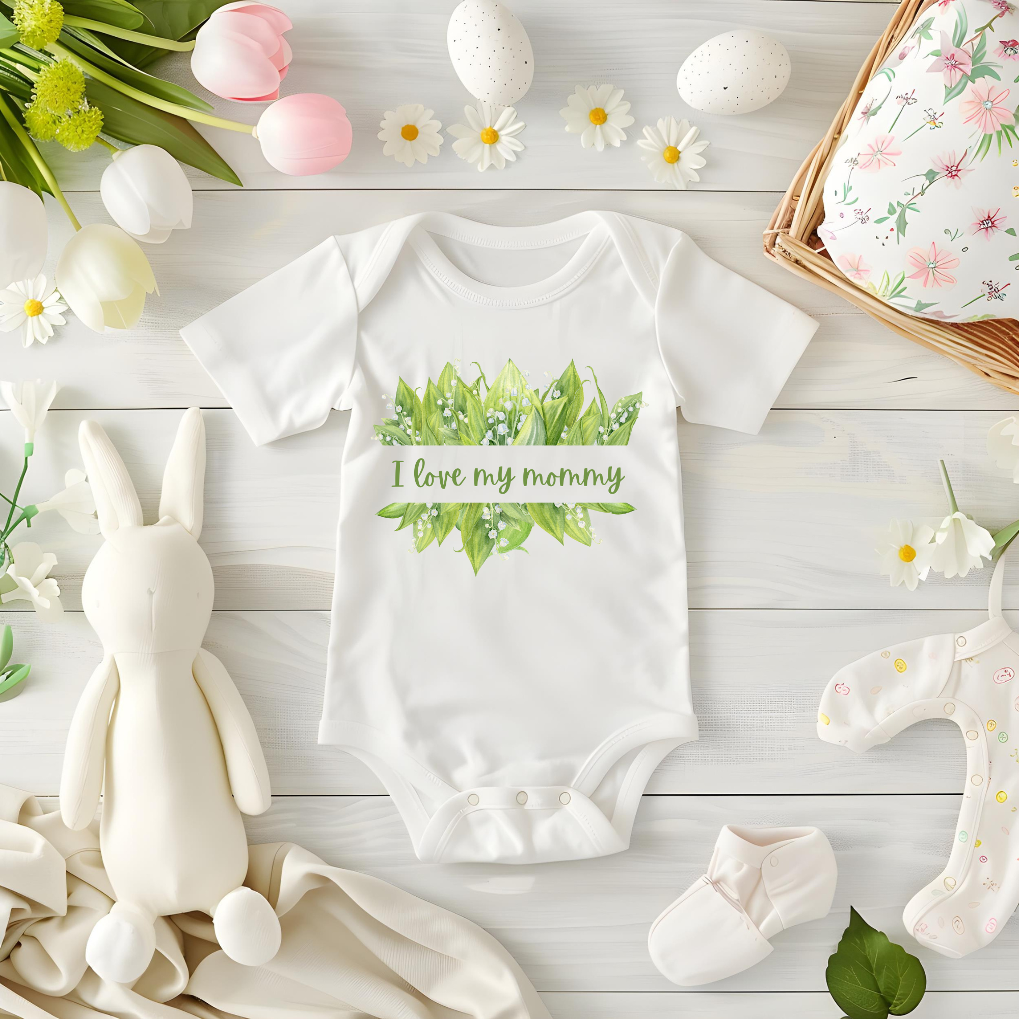 Infant Bodysuit - 'I Love My Mommy' with Lilies of the Valley