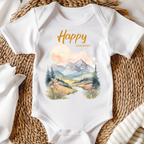 baby clothing white baby bodysuit with happy summer text and mountain view