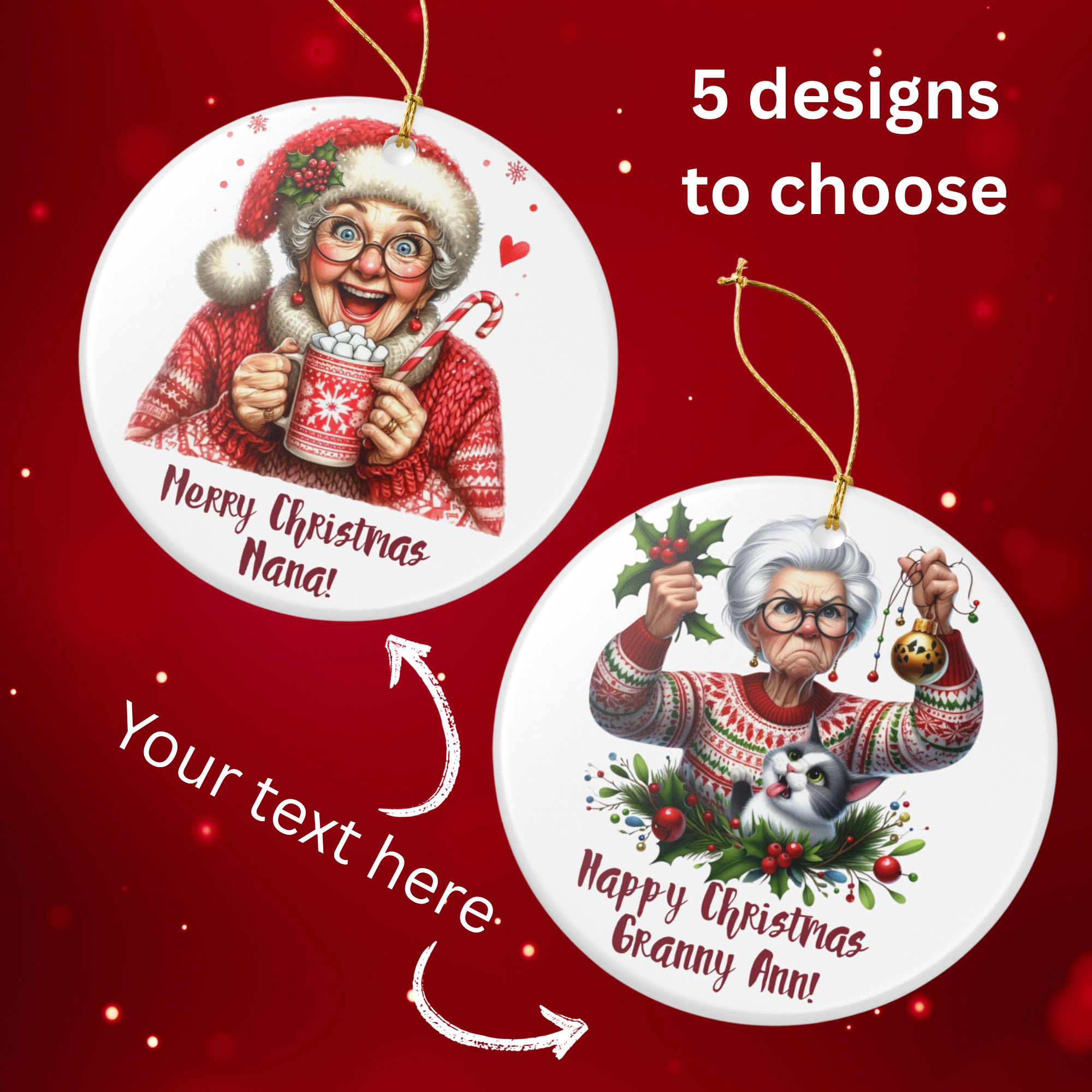 Christmas Personalized Ceramic Ornament for Grandma – Holiday Keepsake - 5 designs and Your own text