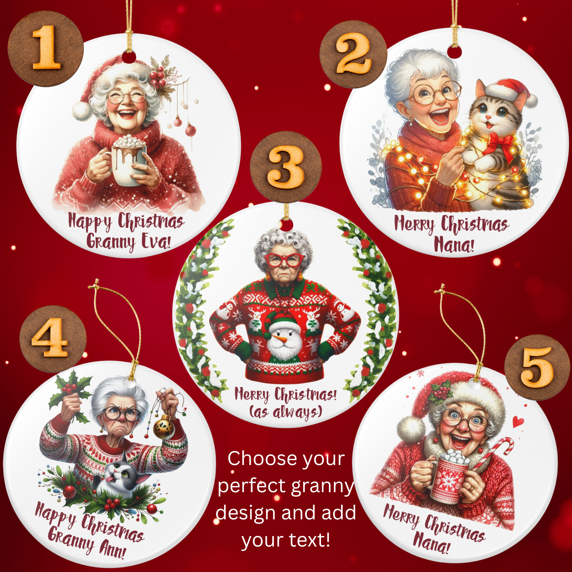 Christmas Personalized Ceramic Ornament for Grandma – Holiday Keepsake - 5 designs and Your own text