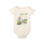 Baby onesie with "World is beautiful" text and pastel nature design, made from soft 100% Airlume cotton, displayed flat with envelope neckline and snap closures.