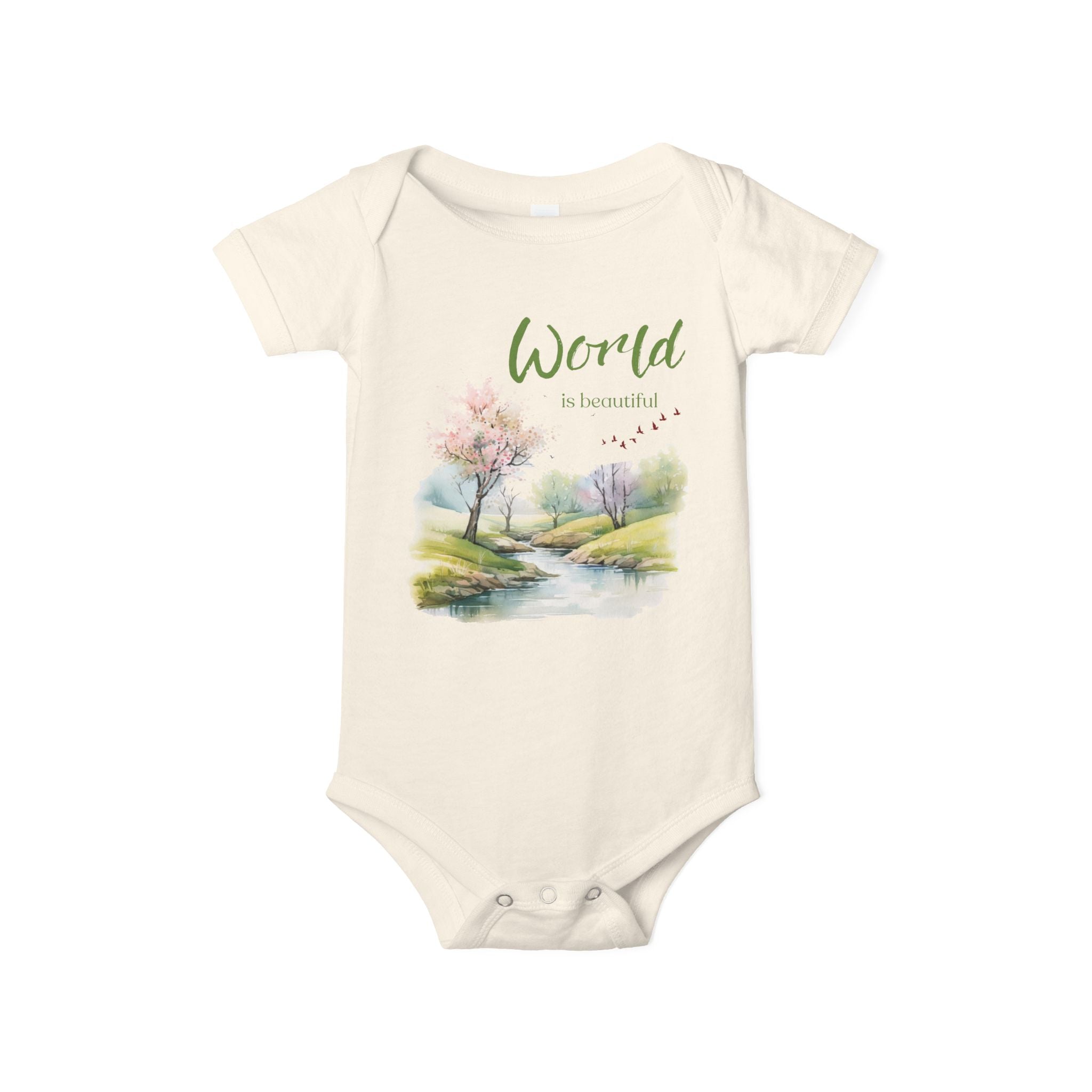 Baby onesie with "World is beautiful" text and pastel nature design, made from soft 100% Airlume cotton, displayed flat with envelope neckline and snap closures.