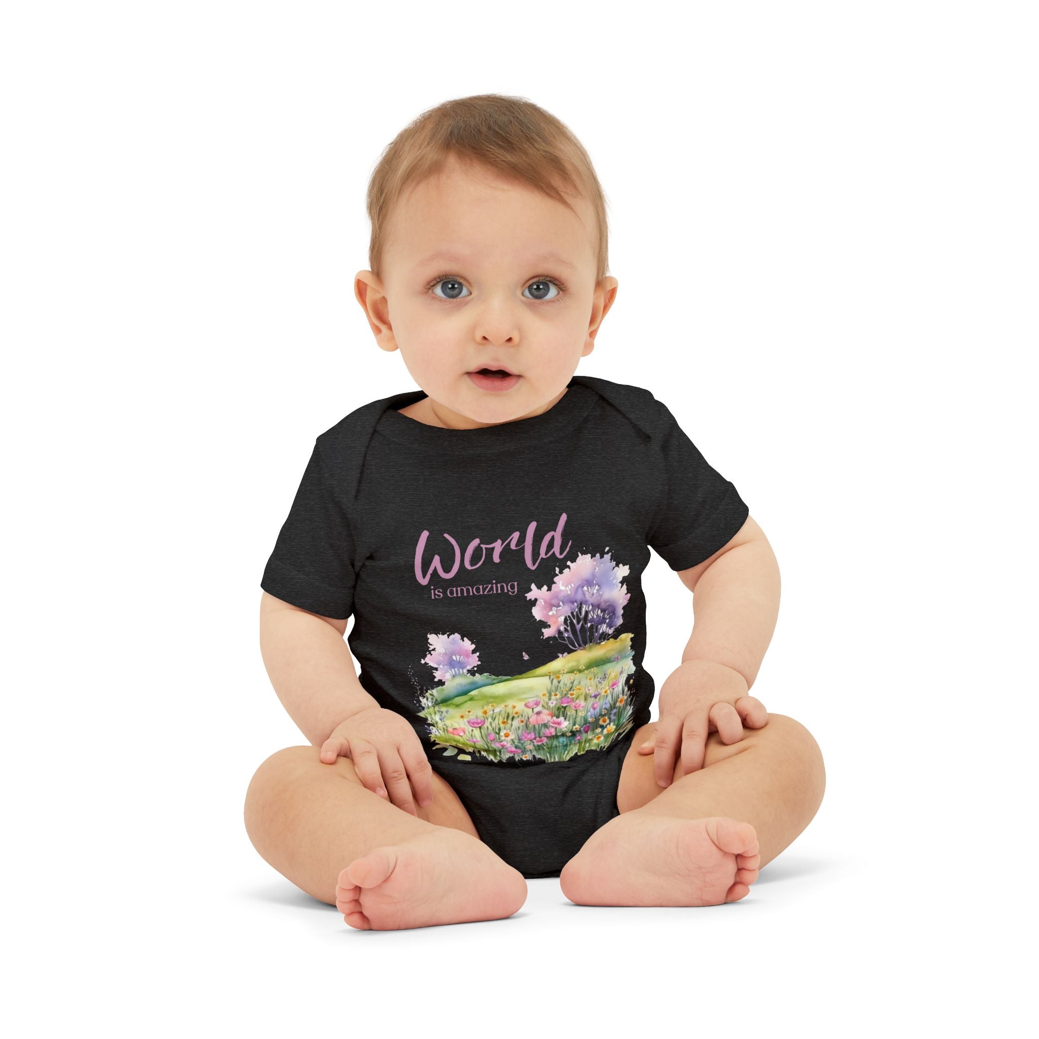 Baby onesie with "World is amazing" text and pastel nature design, made from soft 100% Airlume cotton