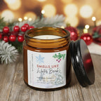 Candle jar labeled 'Smells Like Winter Break' natural soy candle, Christmas gift