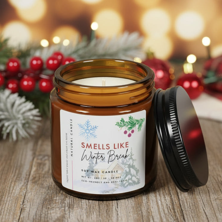 Candle jar labeled 'Smells Like Winter Break' natural soy candle, Christmas gift