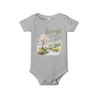 Baby onesie with "World is beautiful" text and pastel nature design, made from soft 100% Airlume cotton, displayed flat with envelope neckline and snap closures.