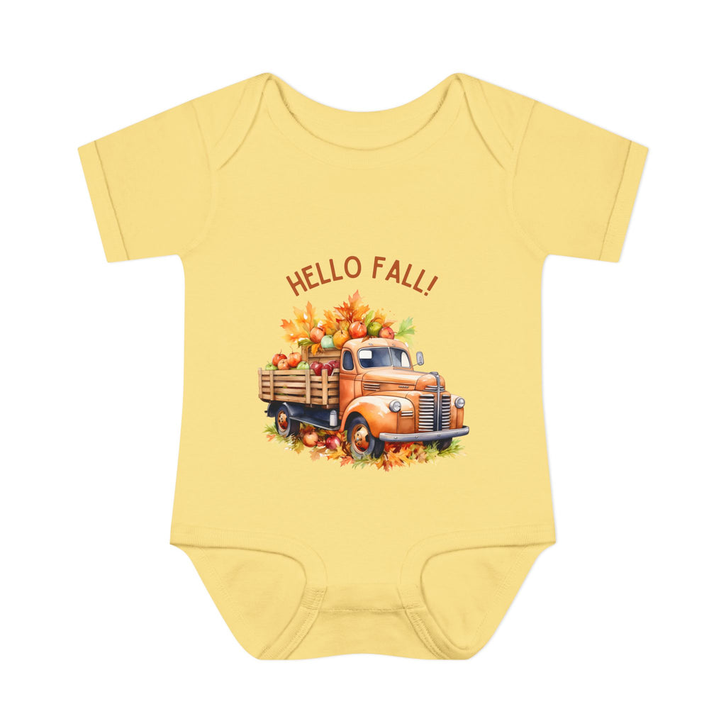 Yellow baby onesie with a truck and 'Hello Fall!' text on a white background