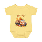 Yellow baby onesie with a truck and 'Hello Fall!' text on a white background