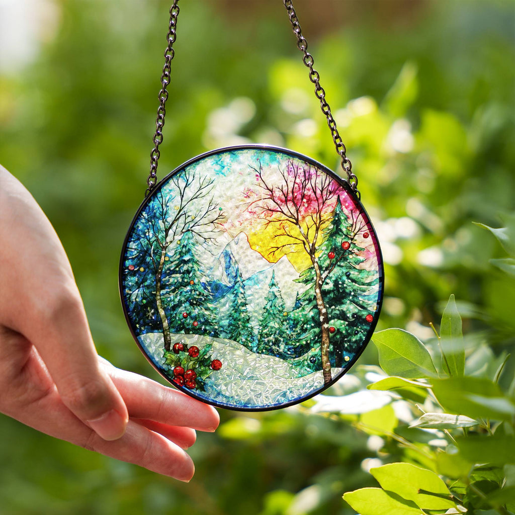 Winter Mountain Stained Glass Suncatcher – Christma Window Art
