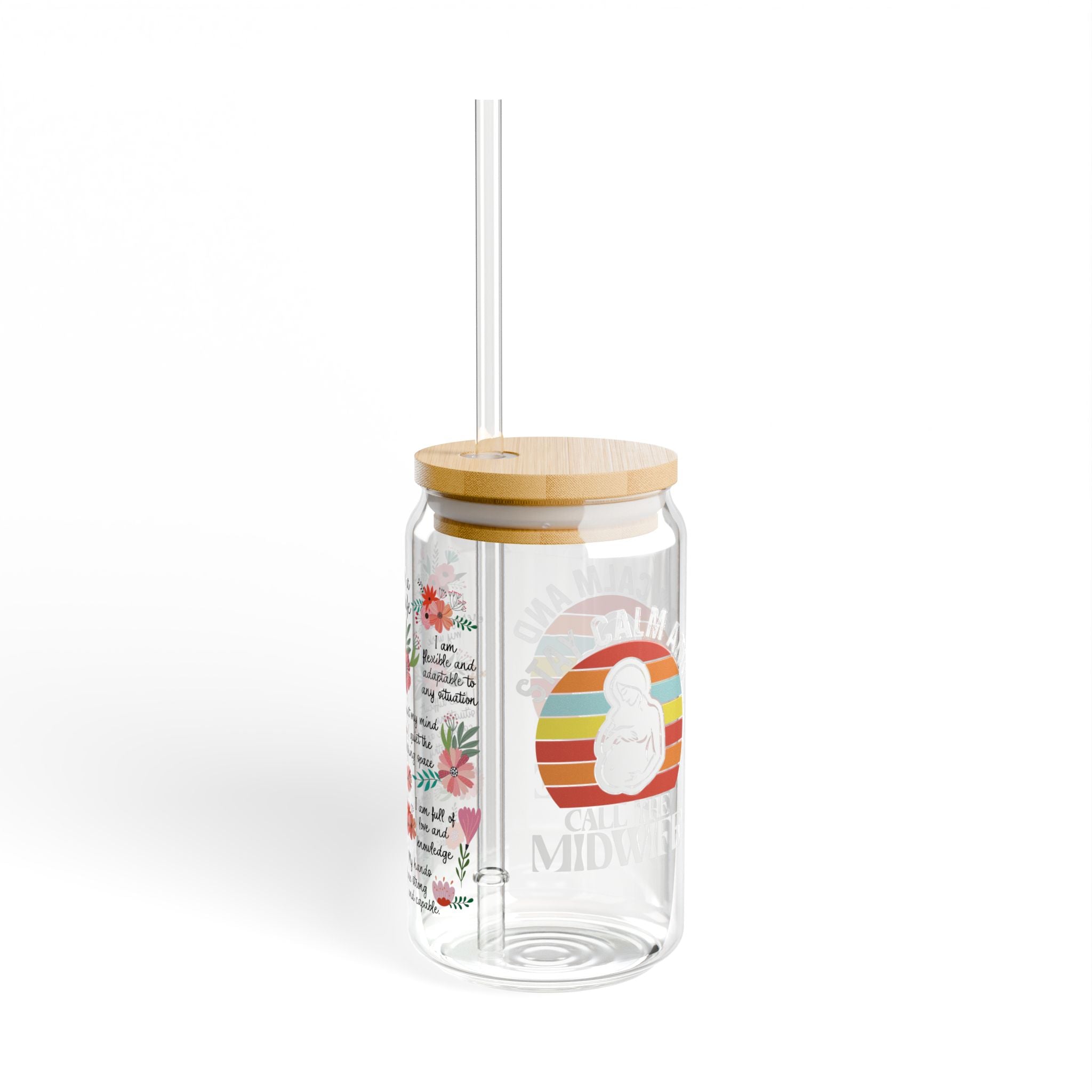 Clear tumbler with wooden lid and straw, featuring a colorful design on a white background