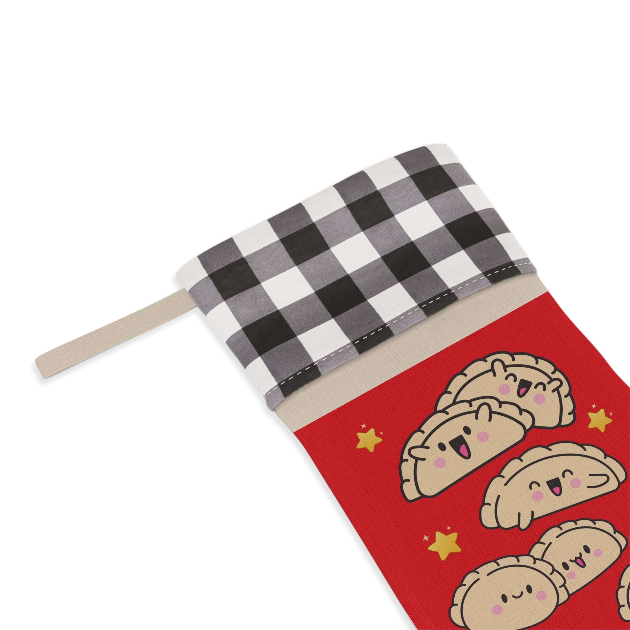 Small pouch with checkered top and red bottom featuring cartoon dumplings on a Christmas stocking