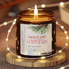 Candle labeled 'Smells Like Christmas' 100% natural soy candle, christmas warmth scent, christmas gift