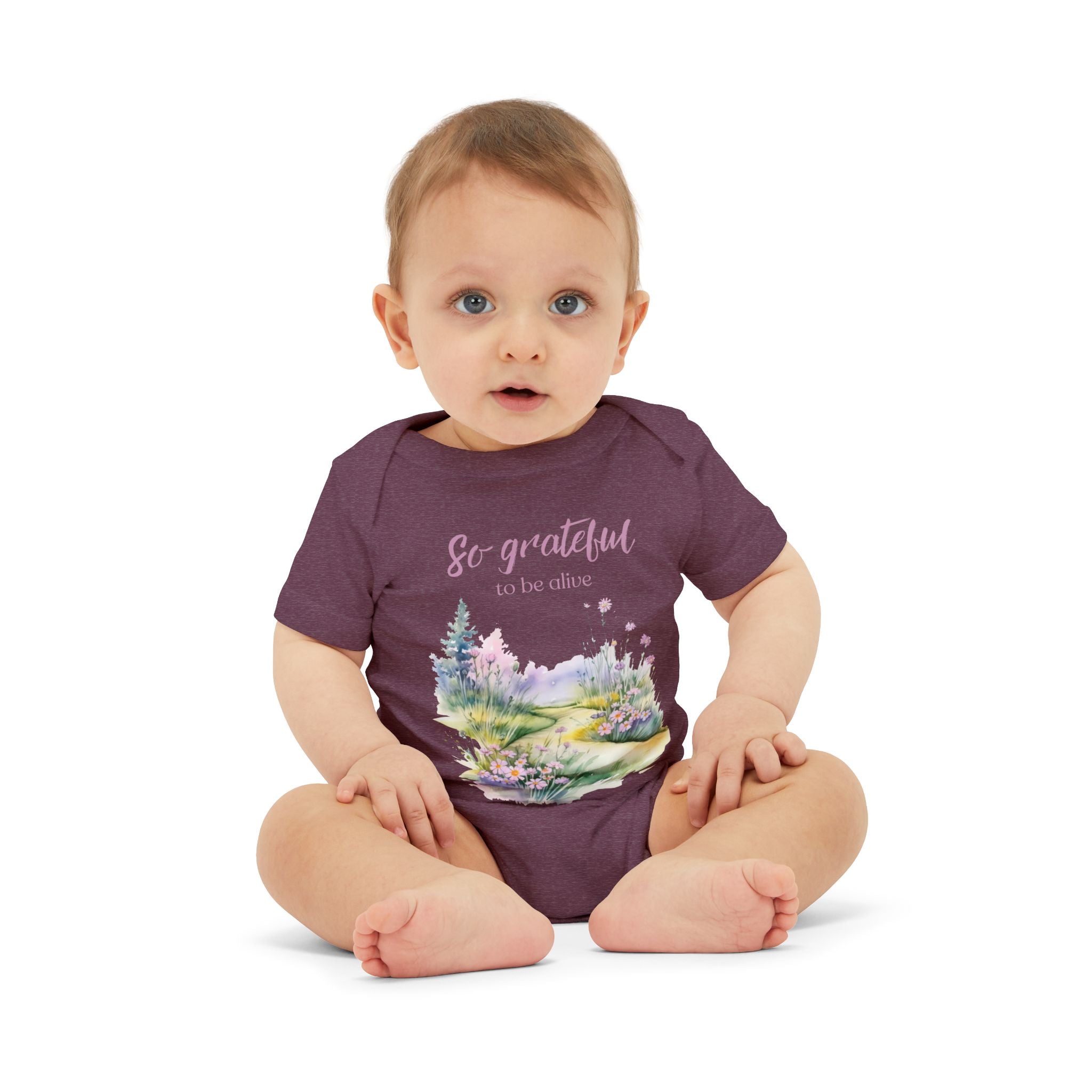 Baby onesie with "So grateful to be alive!" text and pastel nature design, made from soft 100% Airlume cotton maroon color