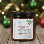 Candle jar labeled 'Smells Like Winter Break' natural soy candle, Christmas gift
