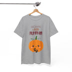 Gray t-shirt with a pumpkin graphic and text on a hanger against a white background
