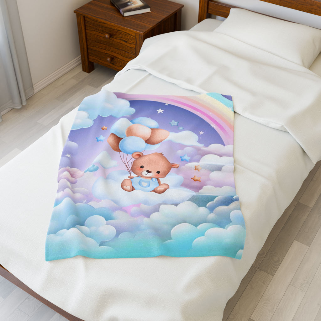 Plush Baby Bear Blanket - Blue Cozy Velveteen Throw