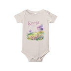 Baby onesie with "World is amazing" text and pastel nature design, made from soft 100% Airlume cotton, displayed flat with envelope neckline and snap closures.