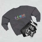 Gray sweatshirt with colorful text DOULA I'll be there for you, black jeans, and black sneakers on a light gray background