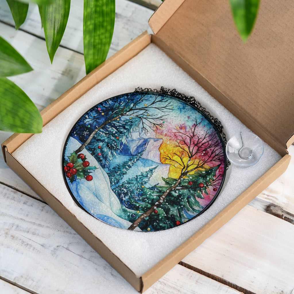 Winter Mountain Stained Glass Suncatcher – Christma Window Art
