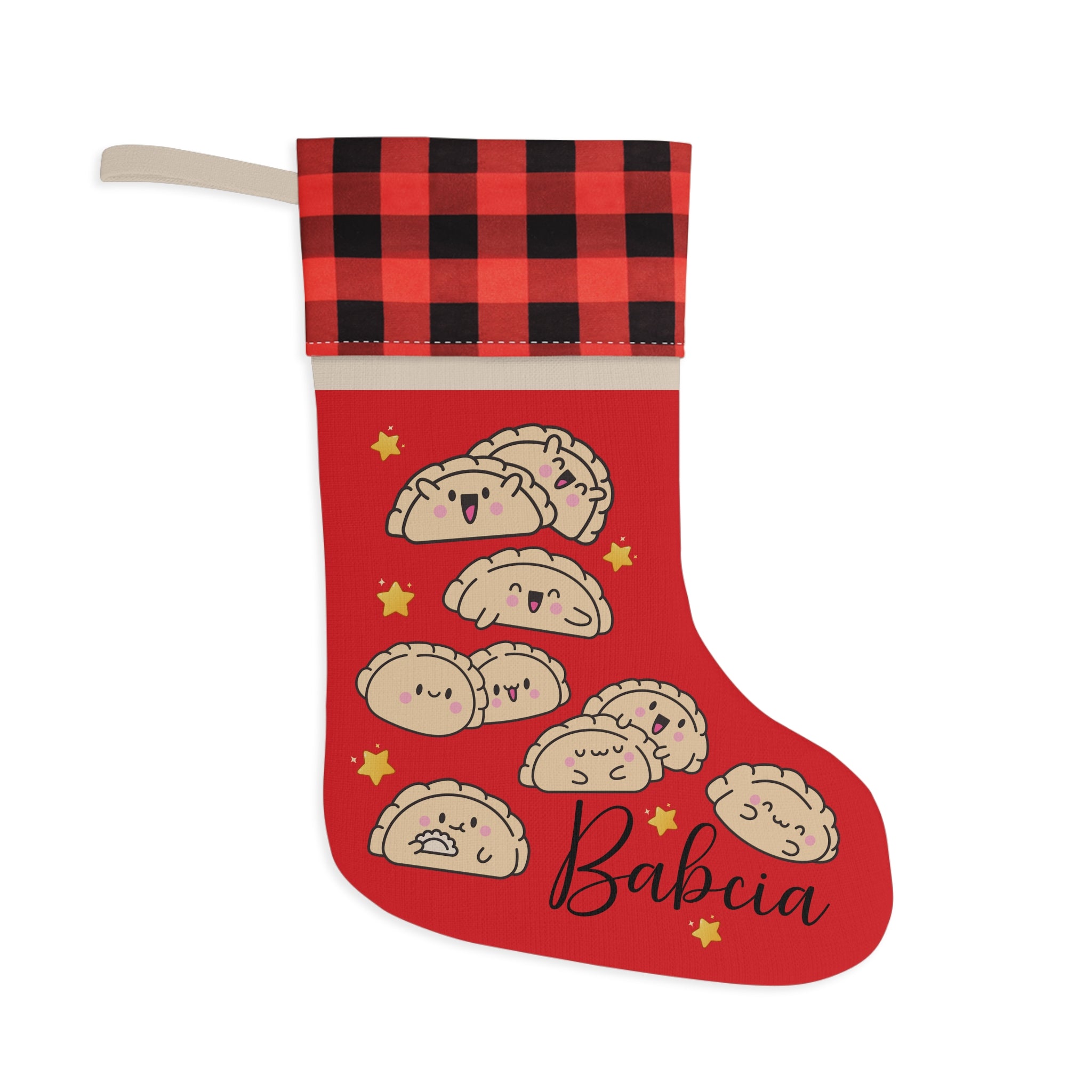 Red Christmas stocking with cartoon dumplings and 'Babcia' text on a white background