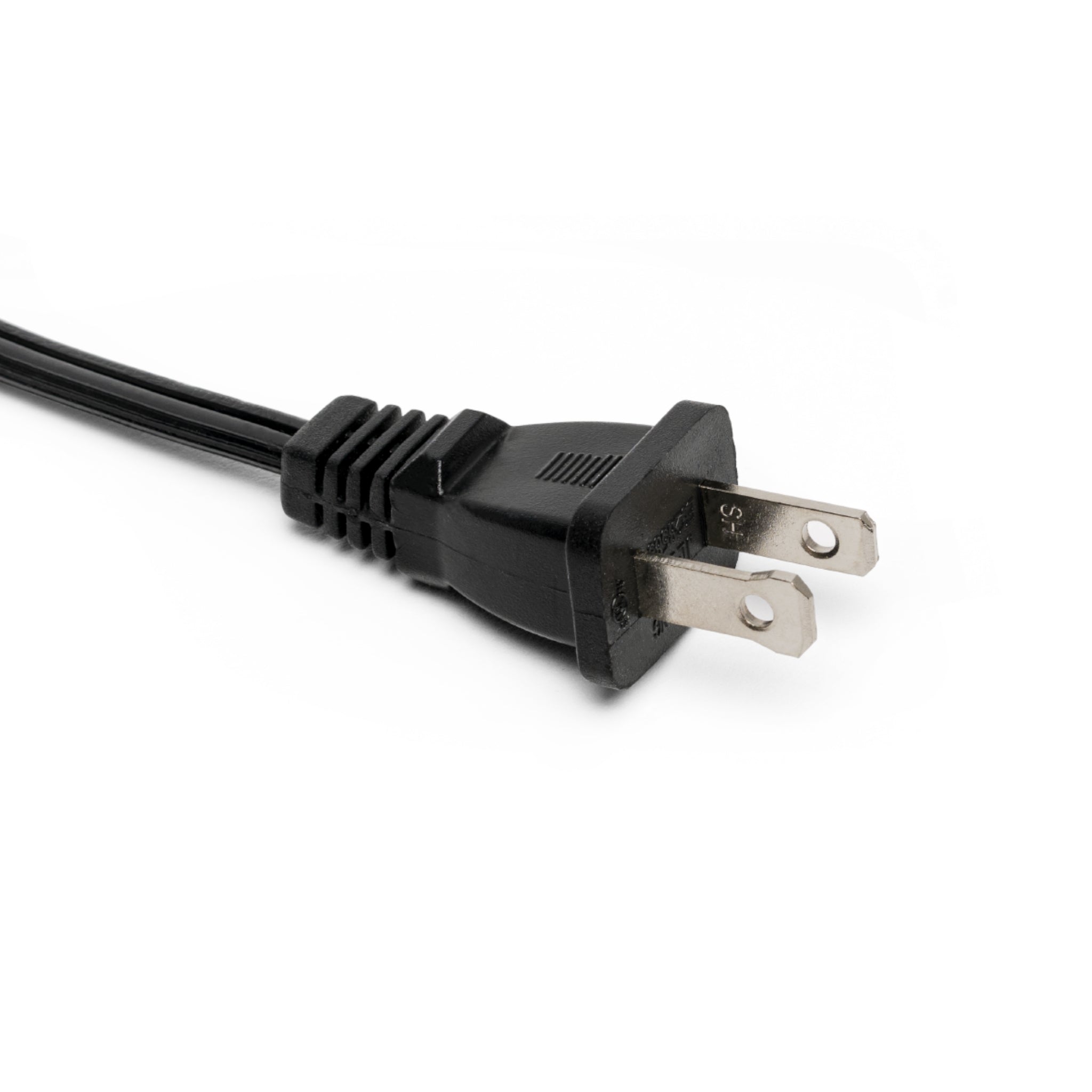 Black power cord with plug on a white background