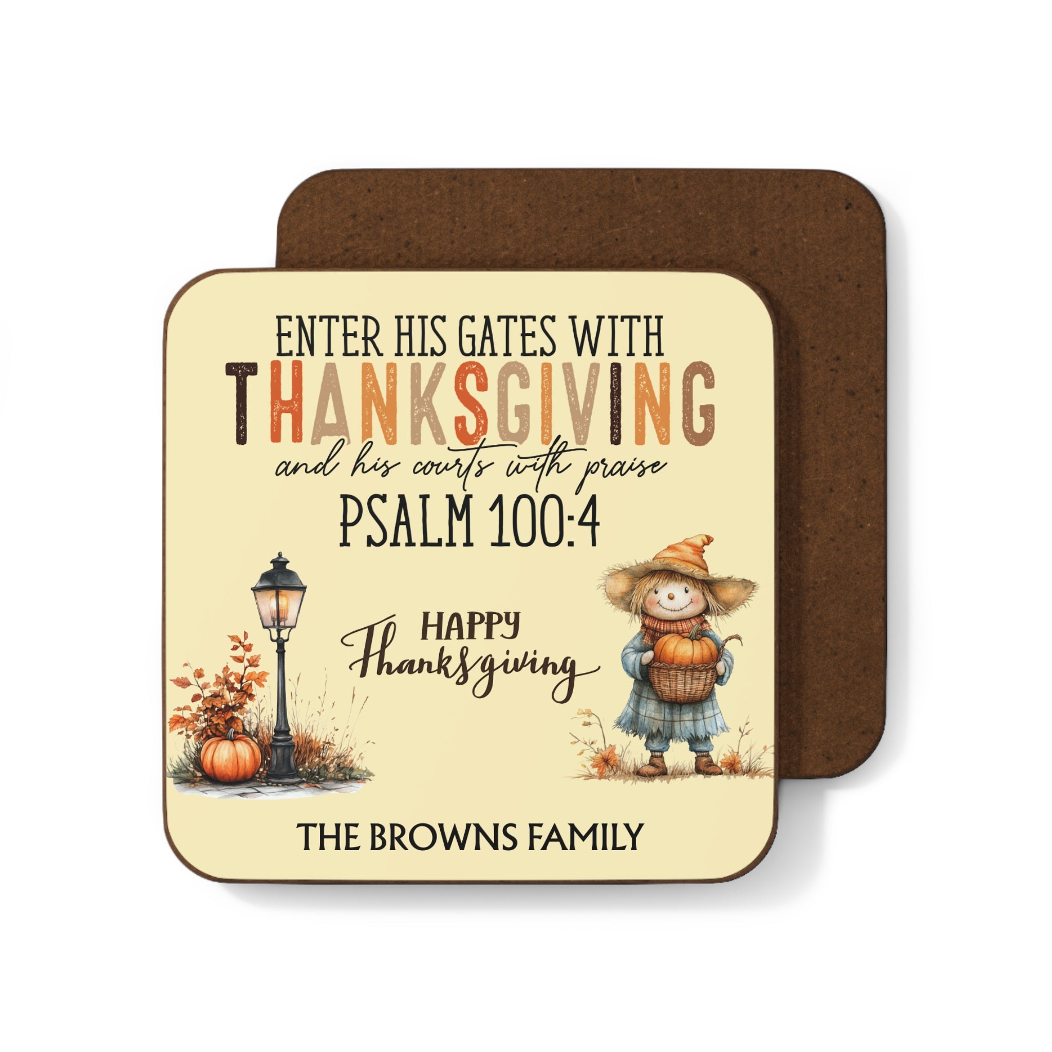 Thanksgiving-themed coaster with a cartoon scarecrow and pumpkins, featuring a religious quote.