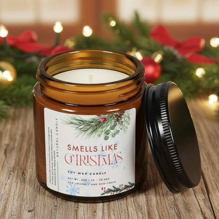Candle in an amber jar with a Christmas-themed label 100% natural soy candle Christmas warth scent
