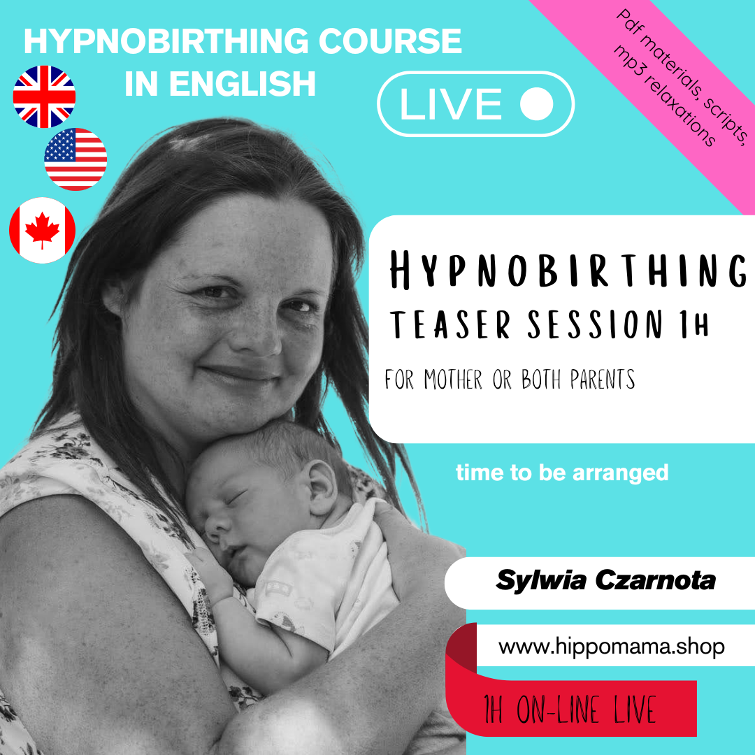 Promotional image for a hypnobirthing  teaser session course with a woman holding a baby, set against a blue background with text and logos.