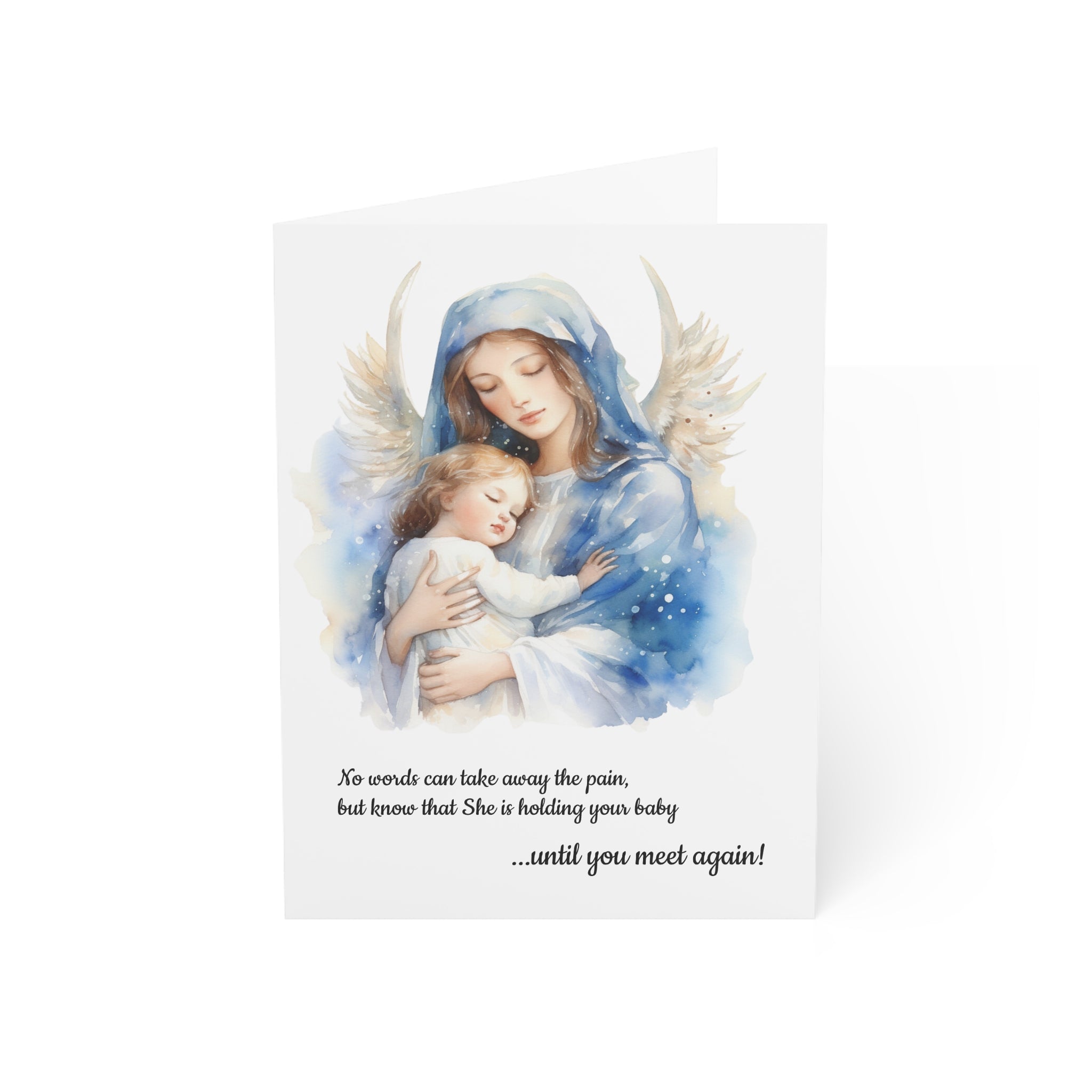 Artistic depiction of a woman holding a child with wings, symbolizing comfort and support.