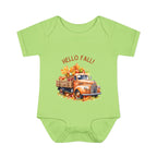 Green baby onesie with a truck and 'Hello Fall!' text on a white background