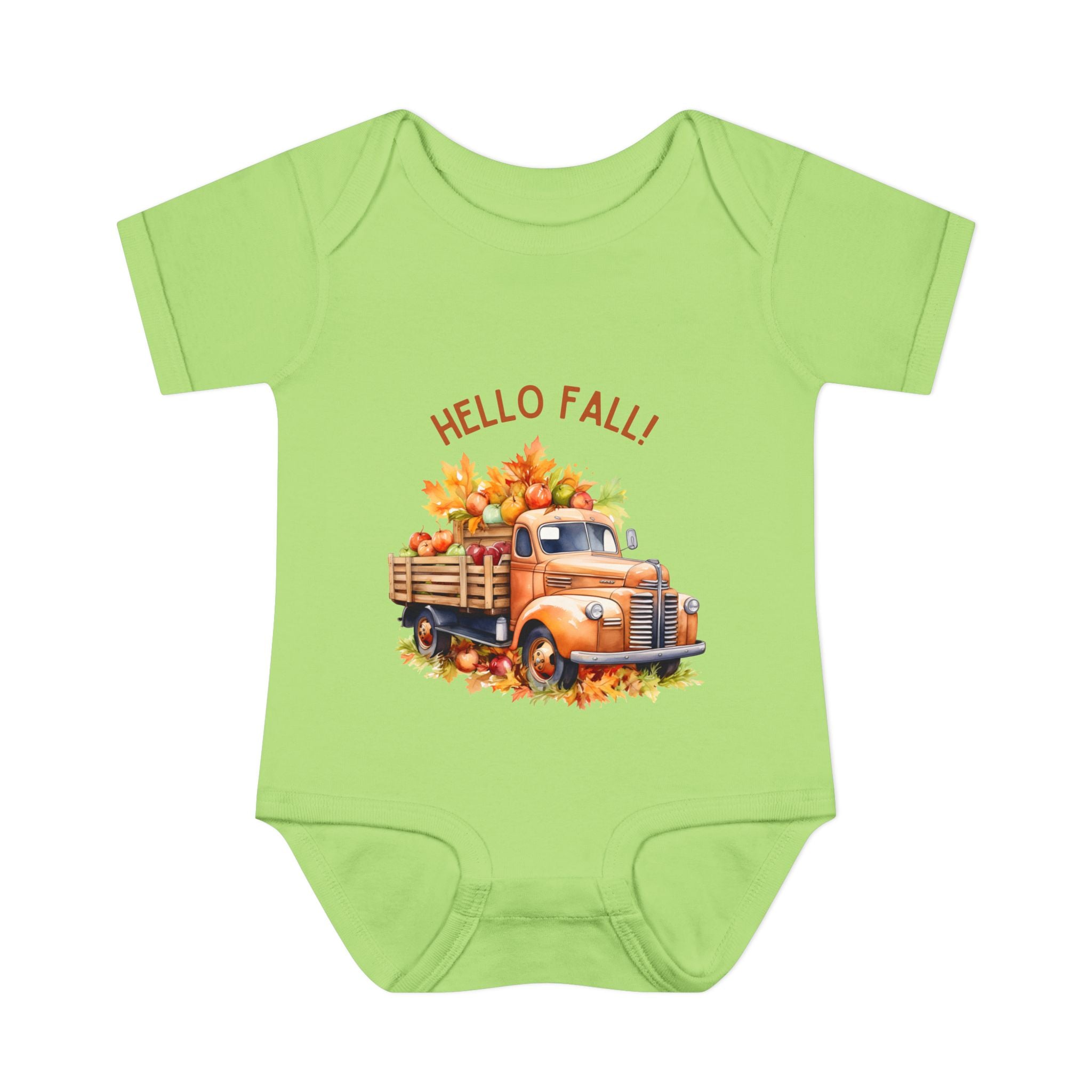 Green baby onesie with a truck and 'Hello Fall!' text on a white background