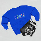 Blue sweatshirt with 'D.O.U.L.A. I'll be there for you' text, black pouch, and sneakers on a light gray background
