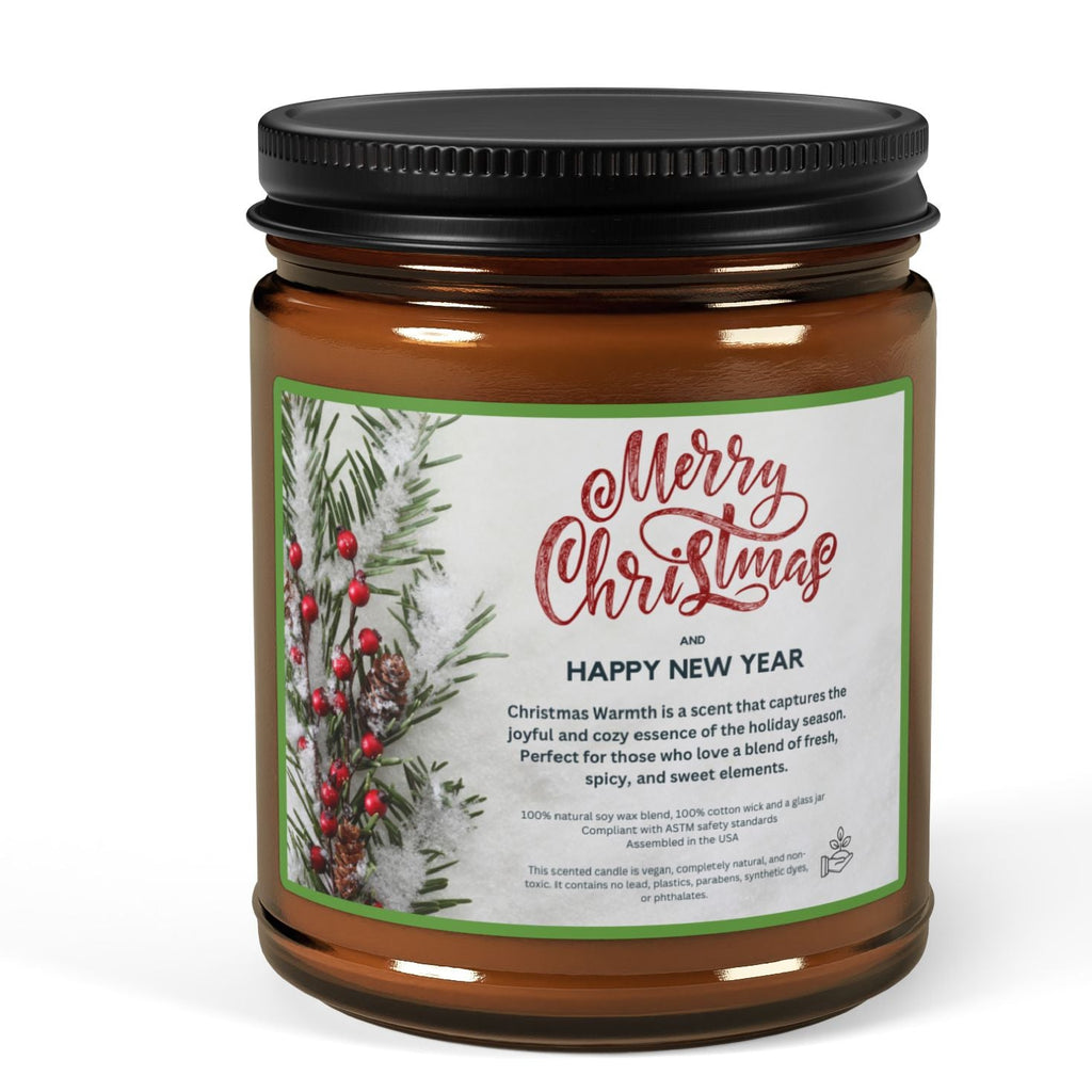 Candle jar with a 'Merry Christmas' label on a white background