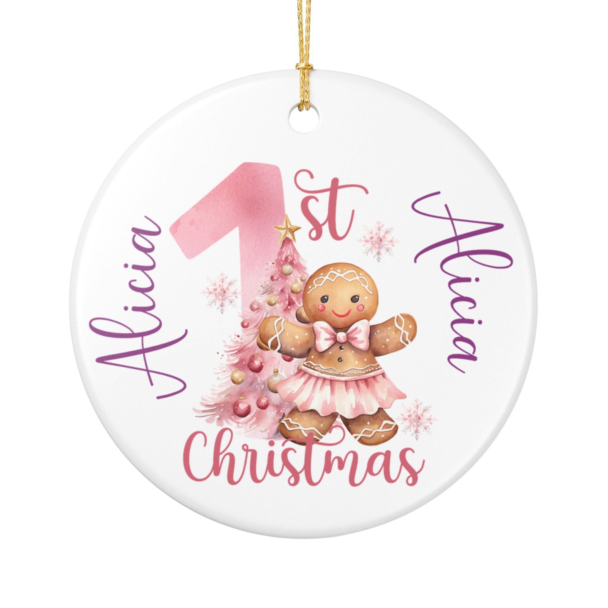 Decorative Christmas ornament with a gingerbread girl and pink tree, personalized with 'Alicia'.