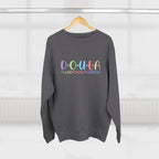 Gray sweatshirt with colorful 'DOULA I'll be there for you' text on a hanger against a white background