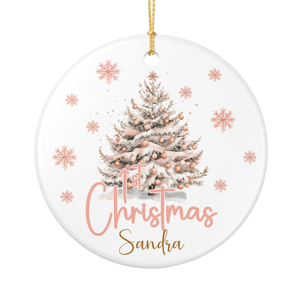 Christmas ornament with a tree and '1st Christmas Sandra' text on a white background