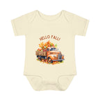 Beige baby onesie with a truck and 'Hello Fall!' text on a white background