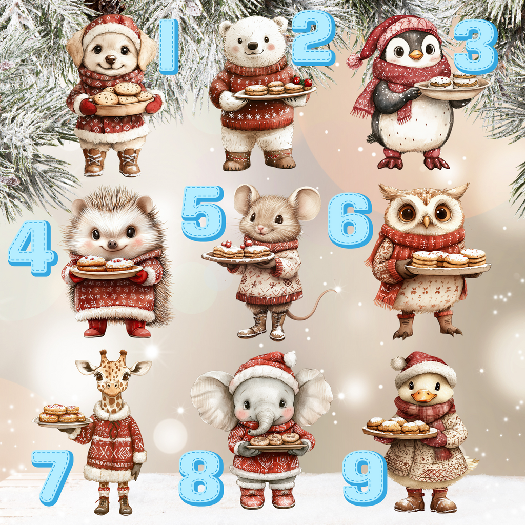  advent calendar with cartoon animals in winter clothing holding cookies, against a snowy background