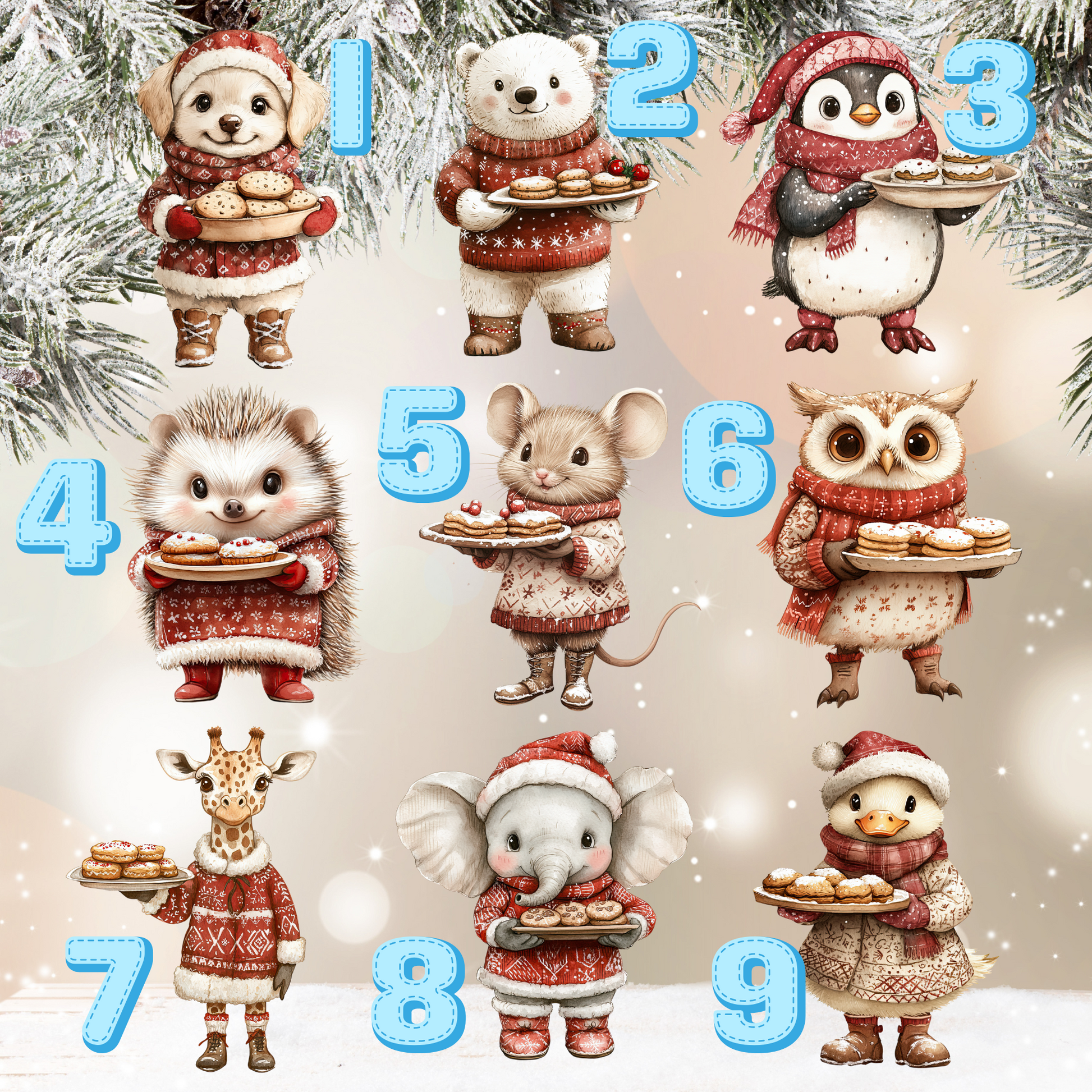  advent calendar with cartoon animals in winter clothing holding cookies, against a snowy background