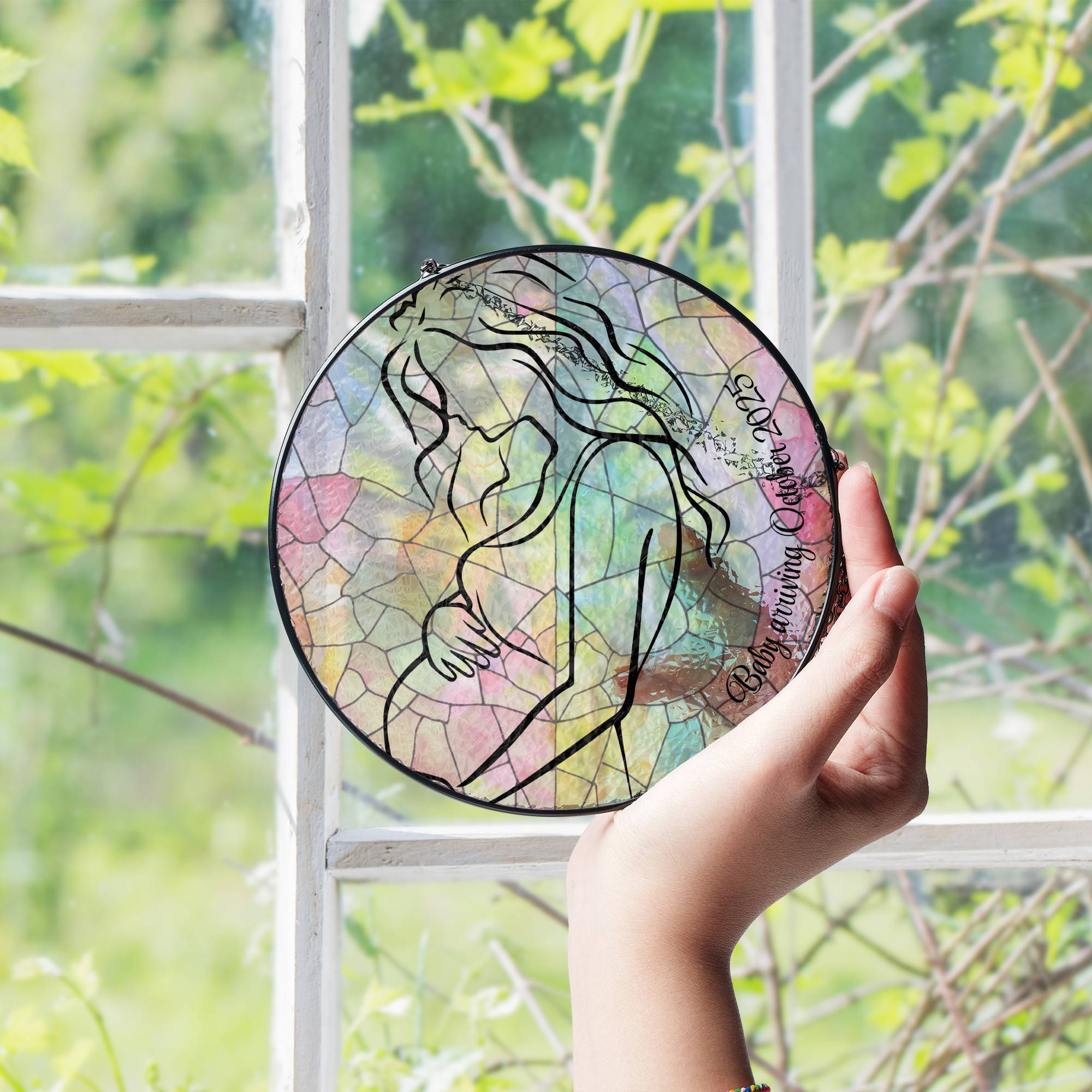 Delicate Stained Glass Suncatcher for Window Hanging Pregnancy Announcement Personalized with date