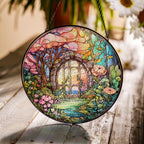 Round stained glass panel with a garden scene on a wooden surface