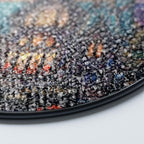 Stained glass suncatcher featuring a gothic mansion with a full moon, hanging in a window and glowing in natural sunlight details