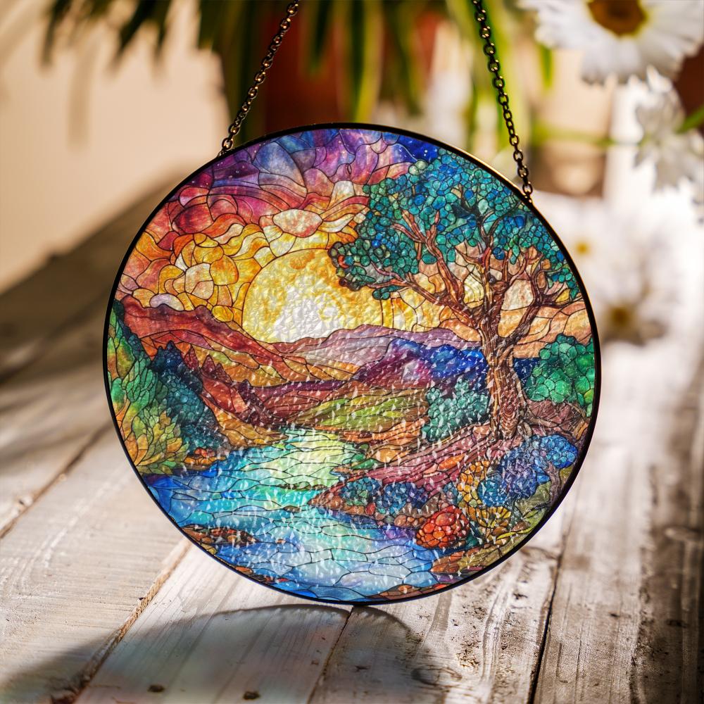stained glass suncatcher landscape with a river