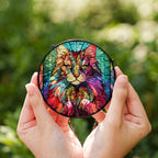 Stained glass suncatcher featuring a Norwegian Forest Cat with vibrant colors