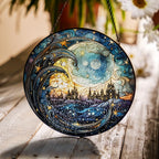 Decorative circular piece with celestial design on a stained glass suncatcher