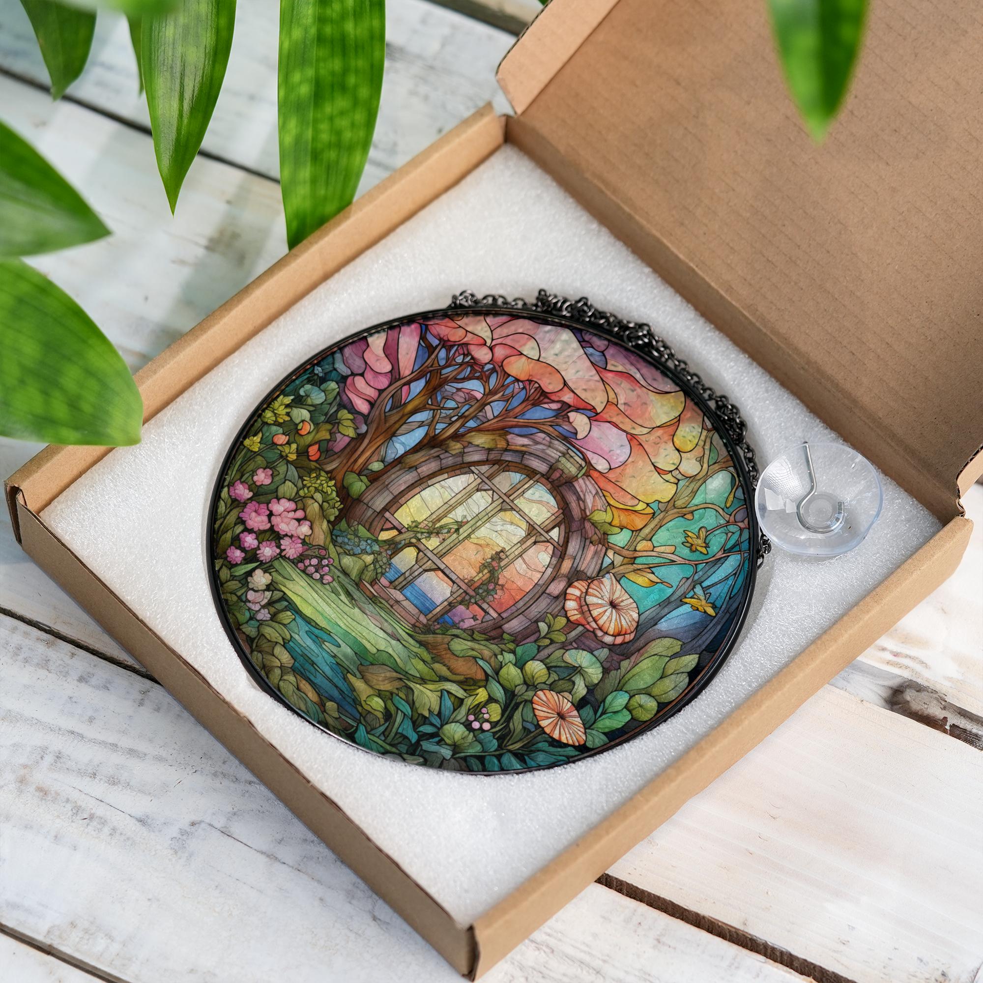 Decorative stained glass design in a box on a wooden surface